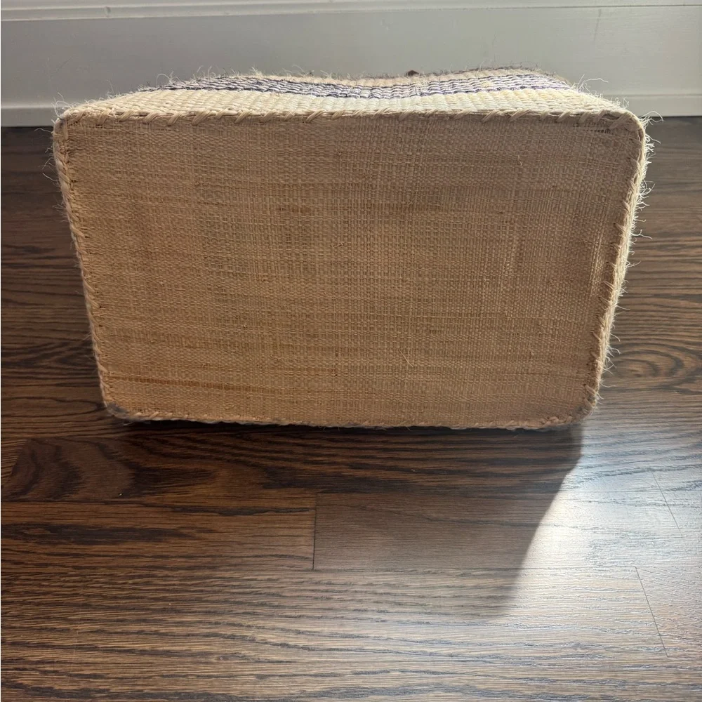 Mar Y Sol Woven Straw Tote Bag with Navy Stripes and Pom-Pom Accents